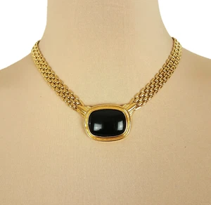 Vintage Trifari Panther Link Pendant Necklace Black Enamel Faux Onyx Gold Tone - Picture 1 of 6