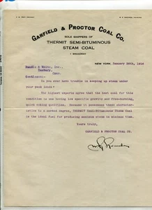 Vintage Letterhead GARFIELD & PROCTOR COAL Semi-Bituminous NY 1916 - Imagen 1 de 1