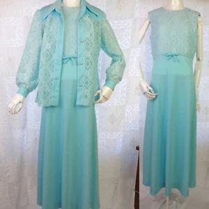 Maxi Vestido de Colección Años 70 John Lane Chaqueta de Encaje Cóctel Vestido Azul Agua GENIAL M - Imagen 1 de 12