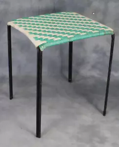 Retro Mid Century Woven String Green & White Square Metal Stool Plant Stand - Picture 1 of 6