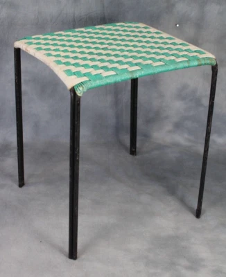 Retro Mid Century Woven String Green & White Square Metal Stool Plant Stand - Image 1 of 4