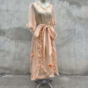 Antique Teens 1920s Cotton Pink Organza Ruffle Dress Molded Flowers  Vintage