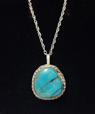 Collar Colgante Turquesa Plata de Ley SW Hecho a Mano 925 Vintage Cadena 18" Foto 1 de 4