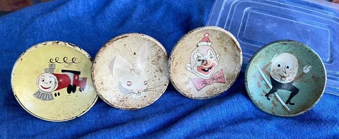 4 Vintage Metal Drawer Knobs Child Baby Hooks Pulls Train Clown Rabbit Humpty Cover
