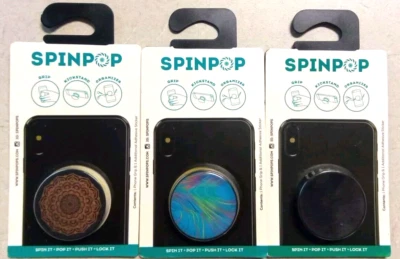 SpinPop Mandala,蓝色和黑色手机手柄,电缆收纳器和支架 — 第 1/4 张图片
