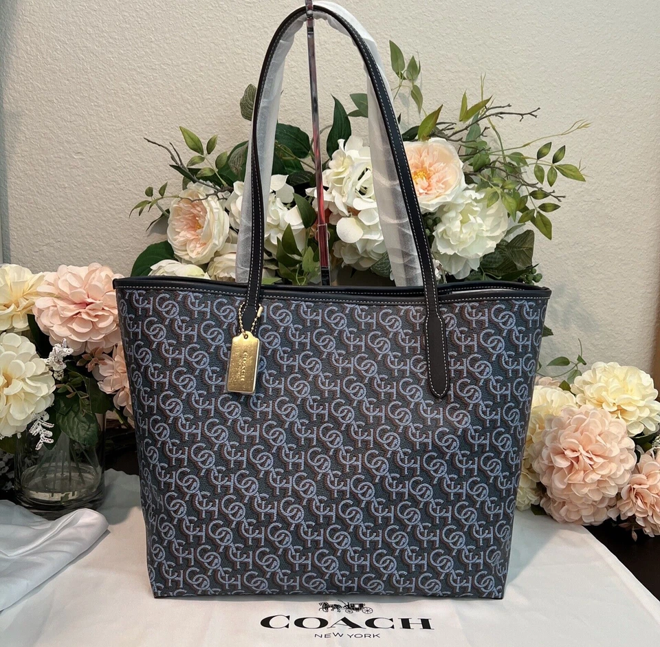 COACH CITY TOTE Double Handle Shoulder Bag CF342 NAVY BLUE Monogram Print