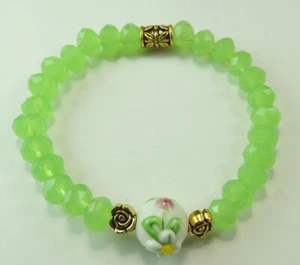 Green Crystal Stretch Bracelet Lampwork Flower Handcrafted - Picture 1 of 1