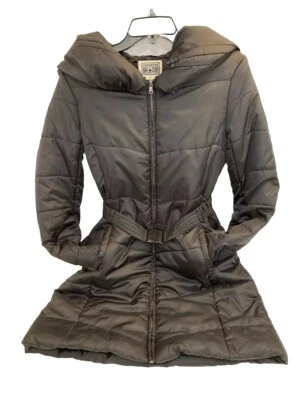 "Chaqueta Converse para mujer pequeña negra invierno acolchada capucha con cinturón 33"" de largo" Foto 1 de 4