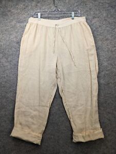 Flax Pants Womens Large Beige Pull On Cuffed Linen Drawstring Waist Cropped