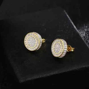 Real Solid 925 Silver Simulated Diamonds Mens Earrings Big Studs 14k Gold Plated - Picture 1 of 5