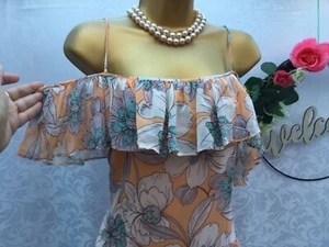 New Next Size 10 Floral Maxi Off Shoulder Frill Long Summer Dress Orange Blue - Picture 1 of 9