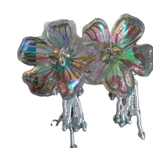 Betsey Johnson Iridescent Flower Chandelier Fringe Drop Earrings, RARE! NWT  - Picture 1 of 5