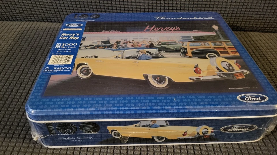 Ravens burger Puzzle In Tin Box 1956 Ford Yellow Thunderbird Convertible Vintage - Image 1 of 4