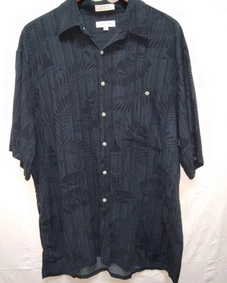 Vintage Pierre Cardin Rayon Shirt Large Black Made In Korea Tonal Tropical Leaf - Image 1 of 4