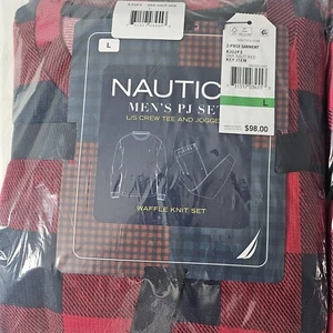 MEN Nautica 2-piece waffle buffalo knit pajama set red plaid holiday - Picture 1 of 3