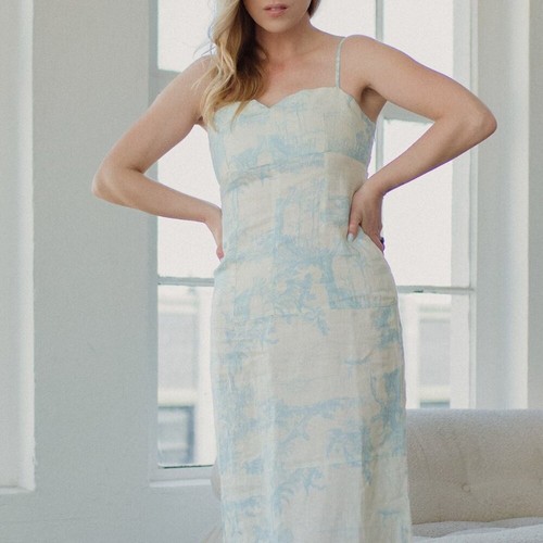 OFF WHITE Abito midi JOIE Corta bianco sporco e blu stampato 100% lino taglia 2