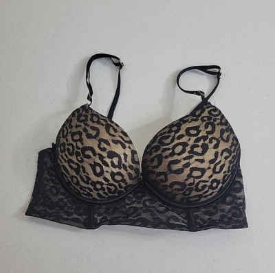 Black Leopard Print Full Coverage Adjustable Underwire Longline Bra Size 34B - Image 1 of 4