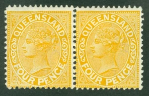 Sg 194a Queensland 1890. Coppia 4d arancione con selezione 'penge' per 'pence' - Foto 1 di 1