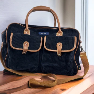 Vintage Nautica Corduroy Navy Tan Overnight Carry On Duffle Bag Luggage Tote EUC - Image 1 of 4