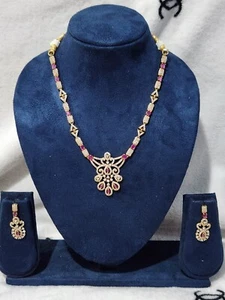 18k Gold finish simulated Stones 1Gram Necklace Bridals set Valentines Gift - Picture 1 of 14