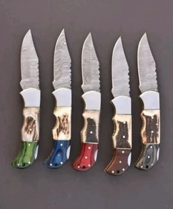 LOT OF 100PCS HANDMADE DAMASCUS ANTLER AND COLORED WOOD HANDLE POCKET KNIVES - Picture 1 of 7