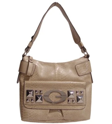 NEW GUESS Women's Beige Ivory Patent Croc-Embossed Studded Hobo Purse Handbag - Image 1 of 4