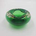 Forest Green Art Glass Ashtray Bowl Hand Painted Floral Emerald