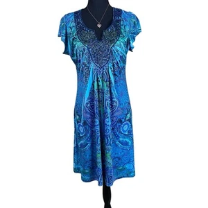 Apt. 9 Teal Blue Paisley Print Rhinestone Neck Cruise Party/Swim Cover Dress PXL - Picture 1 of 7