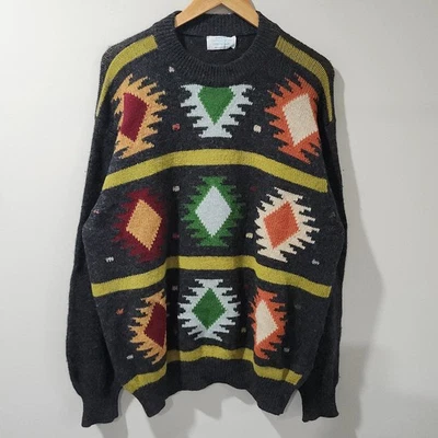 Vintage United Colors of Benetton Shetland Wool Sweater Western Aztec Outdoor XL - Image 1 of 4