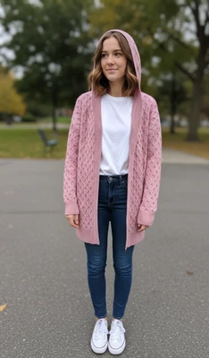 NWT (Display Wear) Pink Cable Knit Hooded Cardigan Sweater Large - Cozy Boho - Image 1 of 4