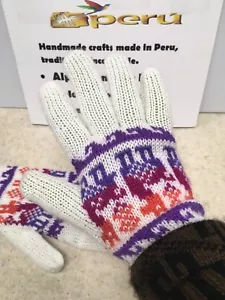 White/ Purple Full Finger Unisex Peruvian Alpaca Adult Gloves - Picture 1 of 3