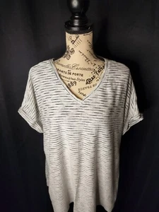 CJ Banks White With Black Stripes Short Sleeve Blouse Women's Size 2X - Picture 1 of 6