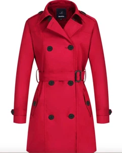 WANTDO Red Trench Coat UK 2XL Windbreaker Double Breasted Slim Fit Belted - Picture 1 of 11