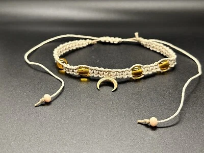 Crescent Moon Pendant  Choker Necklace Amber Gemstones Hemp Handmade - Image 1 of 2
