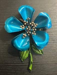 Vintage Teal Metal Flower Brooch with Silver Blossoms - Picture 1 of 5