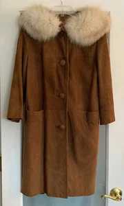 Vintage Tan ‘70 Suede Jacket Arctic Fox Fur Collar Button Up Winter Trench - Picture 1 of 8