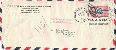 1942 Indianapollis, Indiana Airmail Special Delivery Cover with 16¢ Scott #CE2 ~ - Image 1 of 2