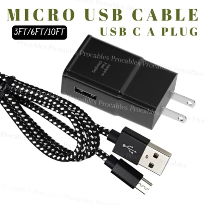 Micro USB Fast Charger For Samsung Android Braided Data Cord 3/6/10Ft USB A Plug - Image 1 of 4