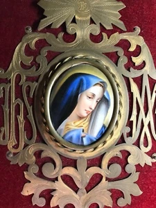 Antique Hand Painted Porcelain Plaque Our Lady Of Sorrows Gothic Frame French - Picture 1 of 11