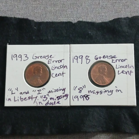 1993 And 1998 Grease Error Lincoln Cents. Vg Condition Cover