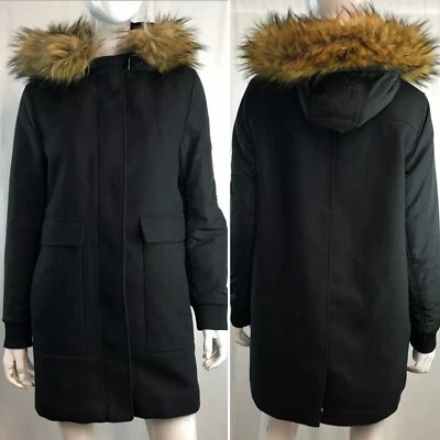 Chaqueta Parka Zara Para Mujer Grande Negra Lana Manga Abombada Capucha Piel Cremallera Chaquetón Foto 1 de 4