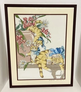 Grandi fiocchi vintage con cornice rifiniti punto croce gattini gatti fiori opachi 23X18,5"  - Foto 1 di 7