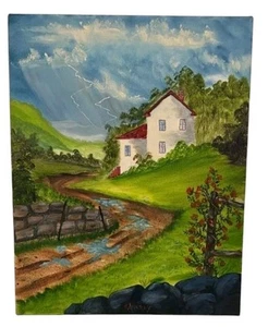 Dipinto olio vintage giorno di pioggia di R. Murray - firmato 16x20 paesaggio di campagna - Foto 1 di 8