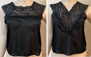 Silky Black Front & Back Floral Lace Camisole Top Vintage USA Large Reversible - Picture 1 of 12