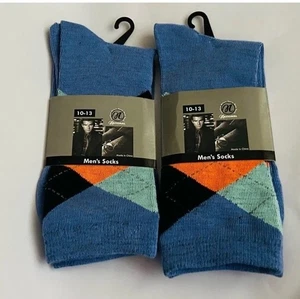 Neu 2 Paar Argyle Herrensocken blau hellblau schwarz orange Größe 10-13 - Bild 1 von 7