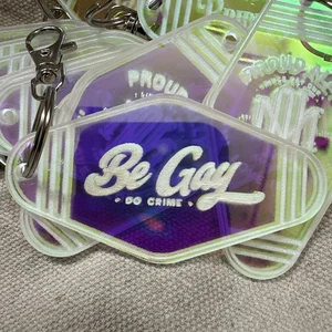 Rainbow LGBTQ PRIDE Hotel Style Acrylic Keychain Backpack NEW Be Gay Do Crime - Picture 1 of 6