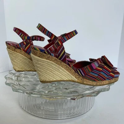 White Mountain Cliffs Colorful Fabric Bow Wedge Sandals Size 7.5M - Image 1 of 4