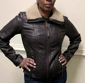Michael Kors Brown Leather Zip Jacket Women’s Faux Shearling Collar - Picture 1 of 17