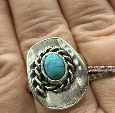 Mujer Vaquera Sombrero Anillo Talla 10 Con Corazones Piedra Turquesa Estilo Boho Western Foto 1 de 4