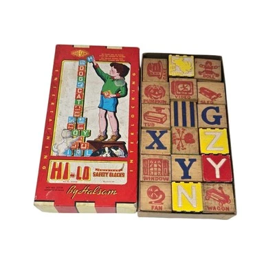 Bloques de madera tallados de seguridad americana vintage HI-LO en relieve caja original años 50  Foto 1 de 4